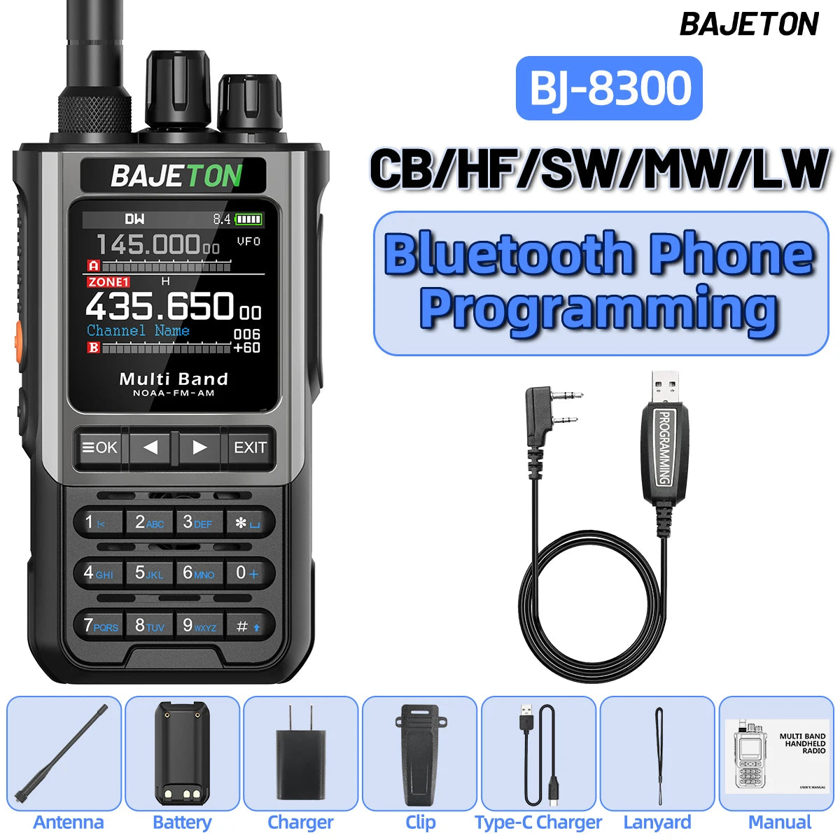 BAJETON BJ-8300 Walkie Talkie SW AM SSB CB Receive Wireless Bluetooth Phone Programming Station NOAA Two Way Radio RT-950PRO