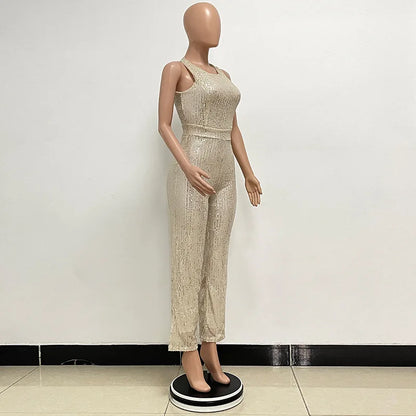 Bling Bling Sequined Club Jumpsuit Sexy Women O-neck Elegant Shiny Sliver Gold Sequins Straight Romper Overalls