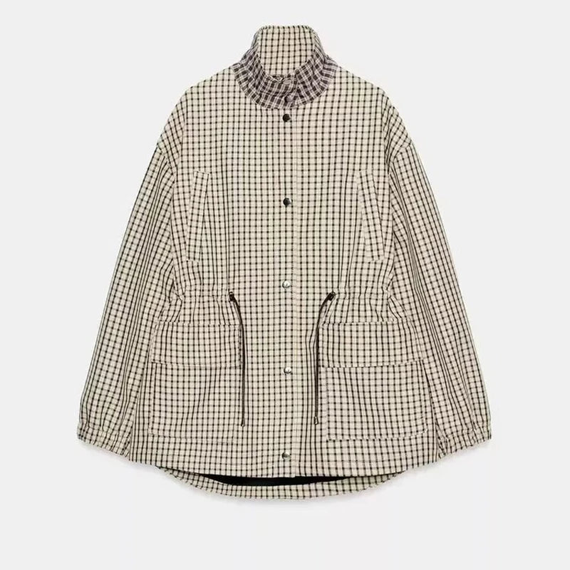 Women Casual Plaid Short Trench Coat Lapel Double Breasted Belted Waist Loose Long Sleeve Checkered Jacket Autumn Windbreaker