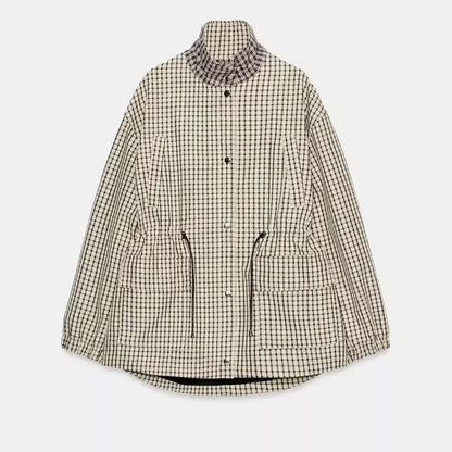 Women Casual Plaid Short Trench Coat Lapel Double Breasted Belted Waist Loose Long Sleeve Checkered Jacket Autumn Windbreaker