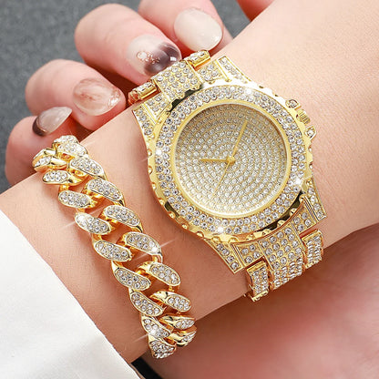 ABC2 Pcs Luxury Full Diamond Men's Watches Steel Band Gold Analog Watch Quartz Bracelet Set Men's Watch Homo Watch