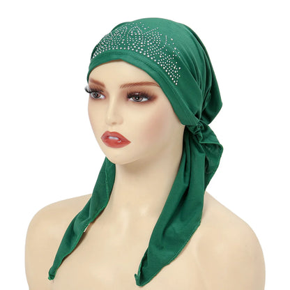Fashion Muslim Headscarf Hat for Women Thin Summer Inner Hijab Caps Solid Color Diamond Turban Bonnet India Headwrap
