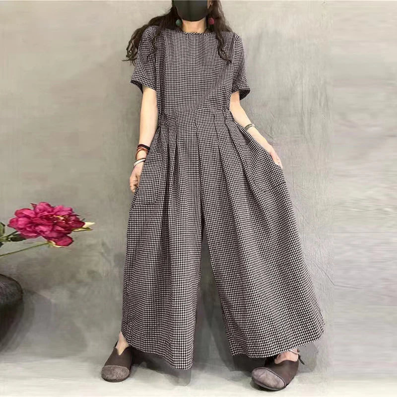 ZANZEA Short Sleeve Checked Wide Leg Overalls Pleated Waist O Neck Loose Casual Gingham Jumpsuits 2024 Fashion Women Long Romper
