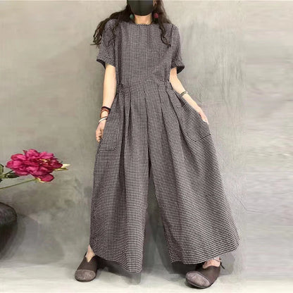 ZANZEA Short Sleeve Checked Wide Leg Overalls Pleated Waist O Neck Loose Casual Gingham Jumpsuits 2024 Fashion Women Long Romper