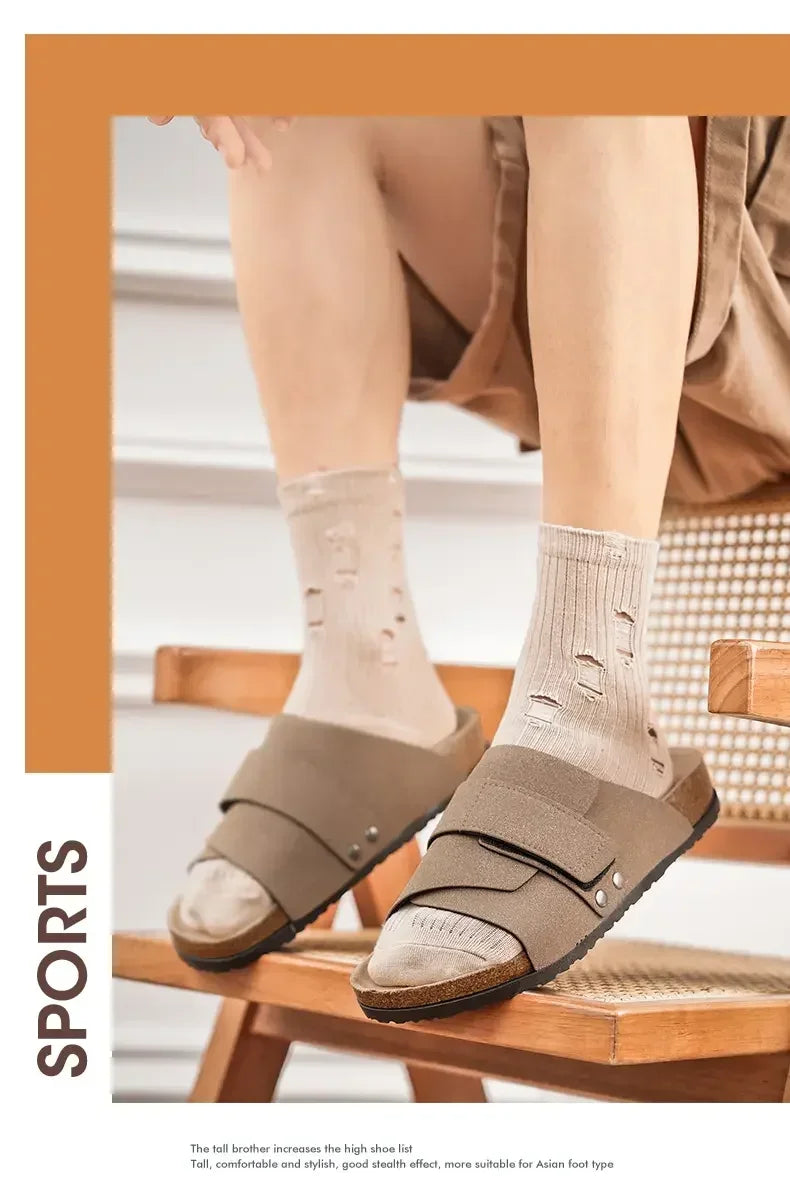 Cork Slippers Men Summer Beach Slides Suede Leather Womens Flat Sandals Fashionable Outdoor Male Mules Non Slip Babouche Femm