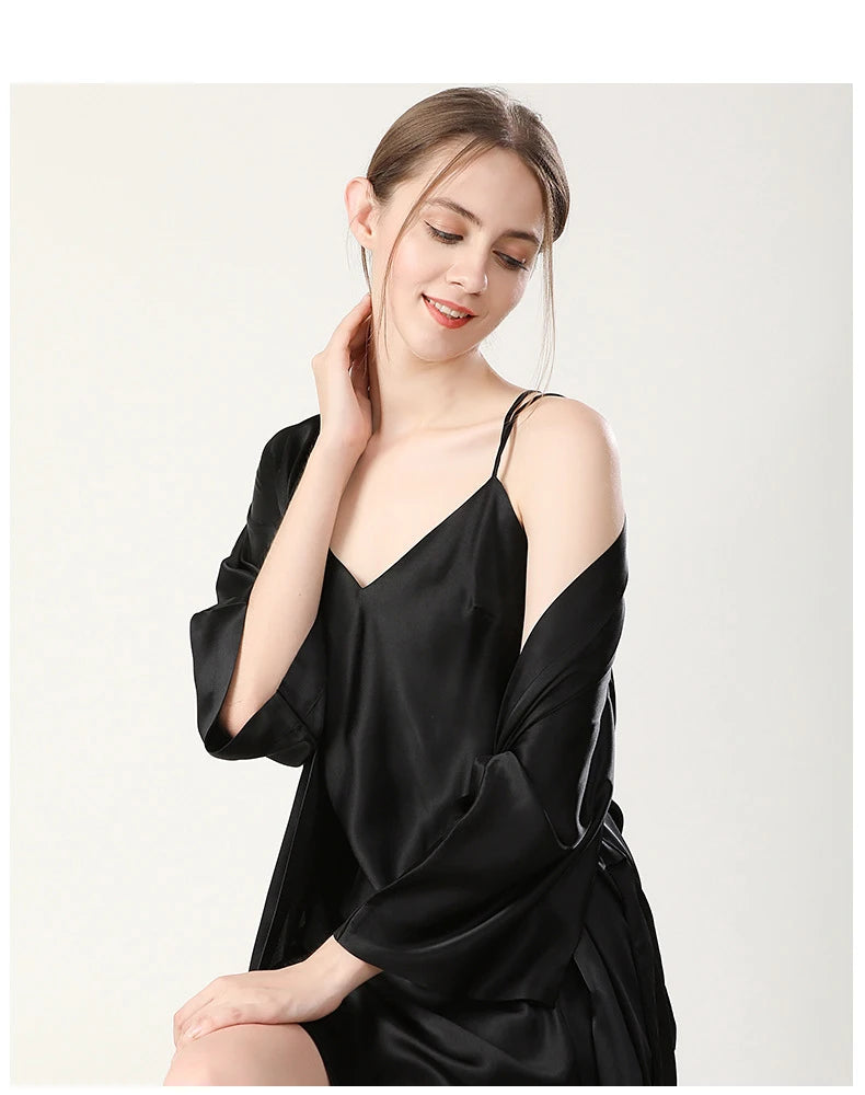 100% Real Silk Pajamas for Women Summer Two-Piece Set Sexy Cami Nightgown & Robe Set Mulberry Silk Sleepwear Autumn Winter