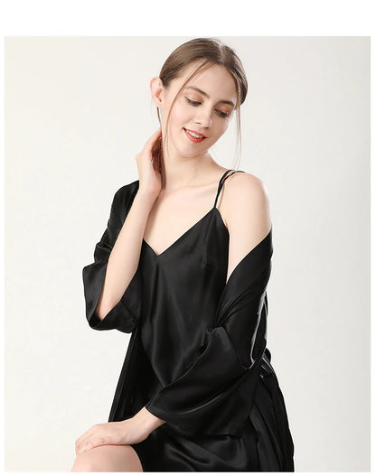 100% Real Silk Pajamas for Women Summer Two-Piece Set Sexy Cami Nightgown & Robe Set Mulberry Silk Sleepwear Autumn Winter