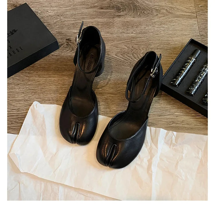 Modern Heels Pumps Women Round High Heel Leather Square Split Toe Pumps Shoes Spring Summer Sandals Mary Janes Shoes Heels Women