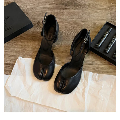 Modern Heels Pumps Women Round High Heel Leather Square Split Toe Pumps Shoes Spring Summer Sandals Mary Janes Shoes Heels Women
