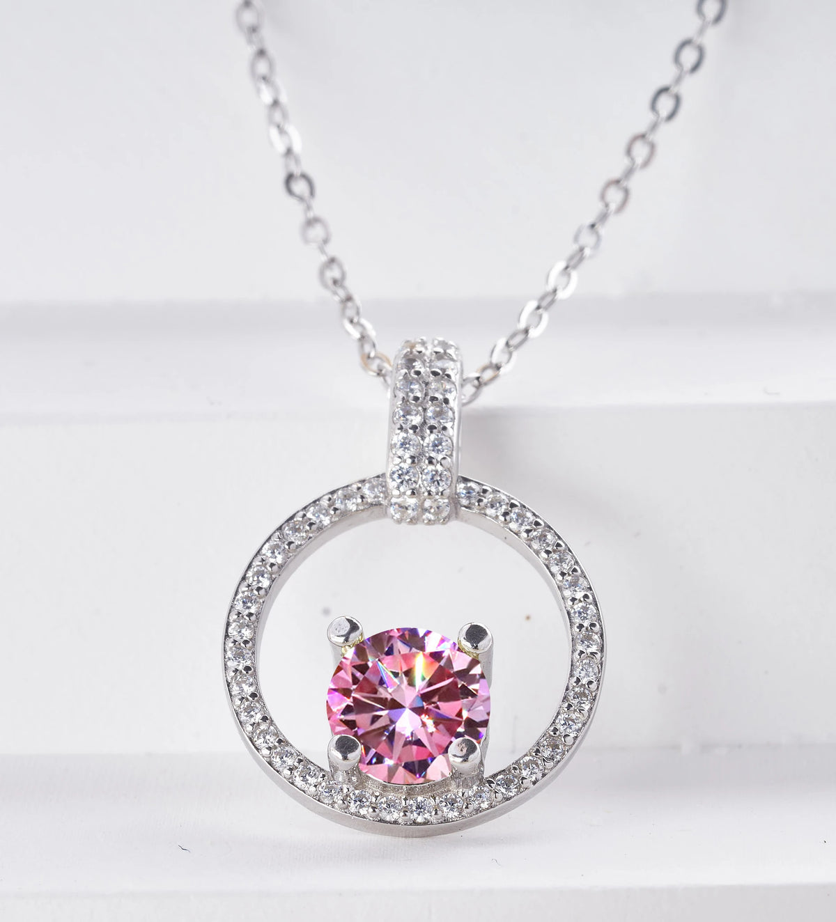 Pink Color Moissanite Pendant Necklace 1 Carat 6.5mm Real Gra Lab Diamond Pendant Necklace 925 Sterling Silver Luxury Jewelry