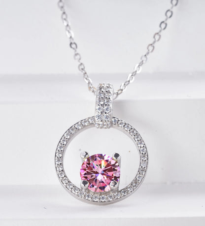 Pink Color Moissanite Pendant Necklace 1 Carat 6.5mm Real Gra Lab Diamond Pendant Necklace 925 Sterling Silver Luxury Jewelry