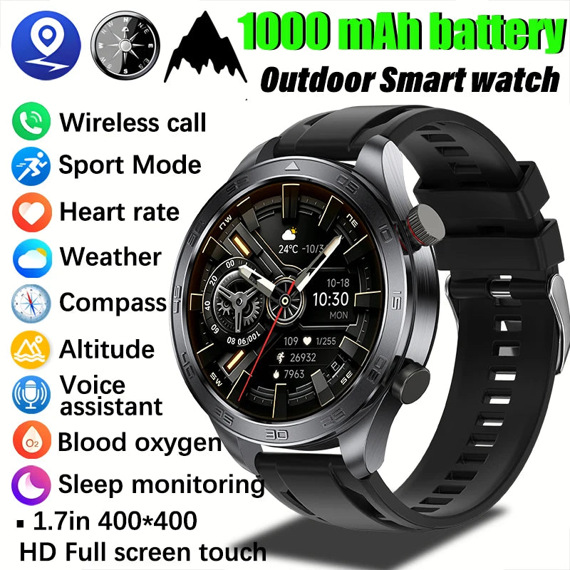 2026 new business men's smart watch 1000 mAh battery with compass altitude pressure IPX8 waterproof call sports health watch