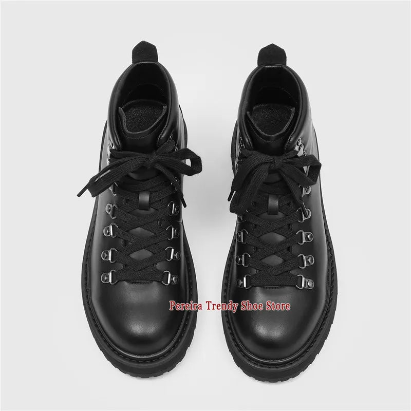 Brown Suede Platform Motorcycle Boots for Men Retro Thick Soled Round Toe Lace-Up Ankle Boots Autumn Winter New Men's Shoes