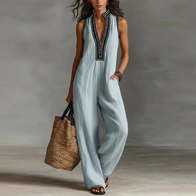 Bohemian Vacation Jumpsuit for Woman 2026 Spring Sexy Print Deep V Neck Hollow Rompers Summer Sleeveless Wide Leg Pants Overalls