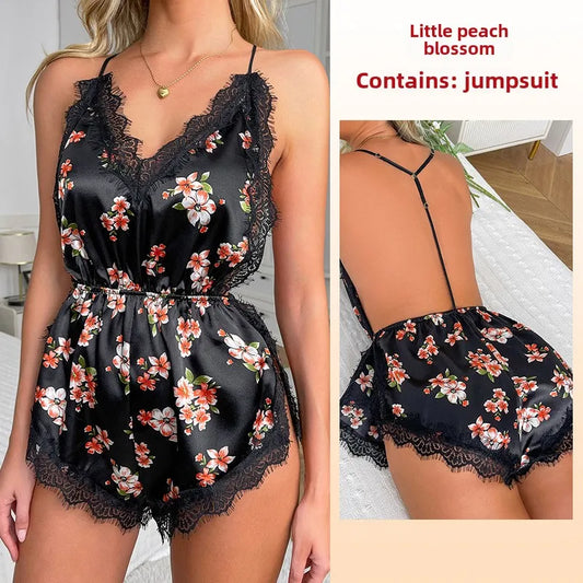 Sexy Adult Womens Clothing Temptation Camisole Shorts Pajamas One-Piece Ice Silk Nightdress Solid Color Print V-Neck Loungewear