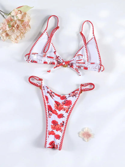 Floral Print Bordered Bikini Set Sexy Swimwear Women 2026 Bikinis Swimsuit Micro Thong Bandage Bathing Suits