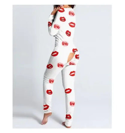 Adult Long Sleeve Pajamas Button Flip Cover Women's 1Piece Loungewear Butt Button Back Flap Jumpsuit Sleepwear Romper Home Wear