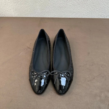 Luxury Brand Women's Slip-on Bow-accented  Low-heel Shoes Mary Janes Embossed Upper Patent Leather Versatile Casual Shoes