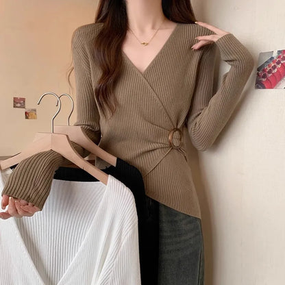 Women Wrap V Neck Ribbed Knit Top Metal Ring Buckle Flare Long Sleeve Slim Sweater