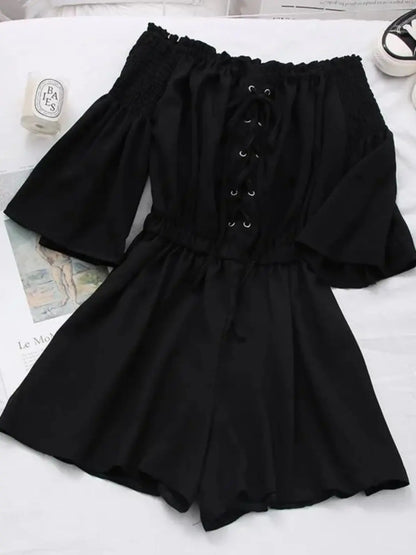 Women's Casual Summer Beach Romper Olive Green Off The Shoulder Lace Up Short Sleeve Elastic Waist Playsuit