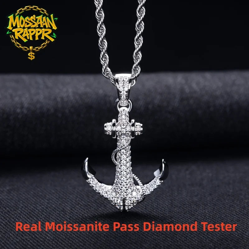 MossanRappr 2.28cttw Moissanite Iced Out Anchor Pendant 14K Gold Plated Hip Hop Necklace for Men & Women Shiny Party Accessory