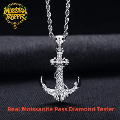 MossanRappr 2.28cttw Moissanite Iced Out Anchor Pendant 14K Gold Plated Hip Hop Necklace for Men & Women Shiny Party Accessory