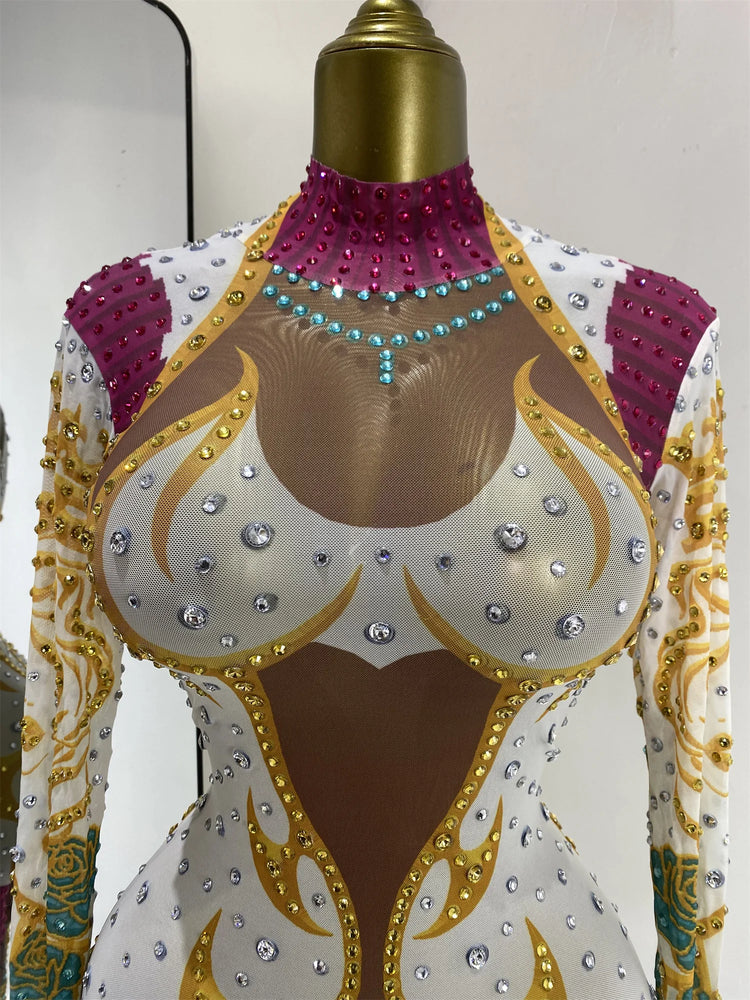 Performance Costumes Kpop Outfits Shiny Rhinestones Printed Bodycon Jumpsuits Woman Evening Club Party See Through Dress Outfits