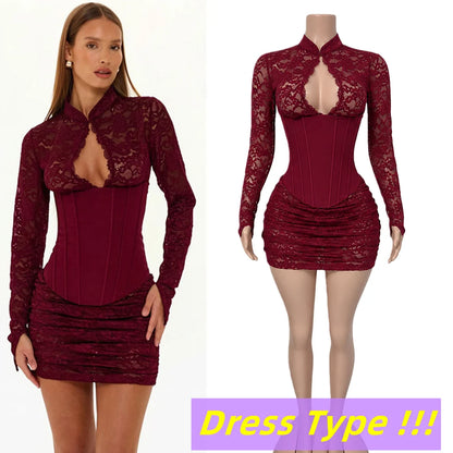 FAGADOER Sexy Lace See Through Corset Jumpsuit Women Hollowed-out Long Sleeve Bodycon Capri Pants Clubwear Night Party Outfit