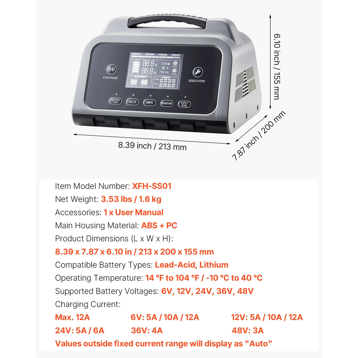 SucceBuy Smart Battery Charger 12A/16A/20A/25A with LCD Display Trickle Charging Maintainer Desulfator, for Car Boat Motorcycle