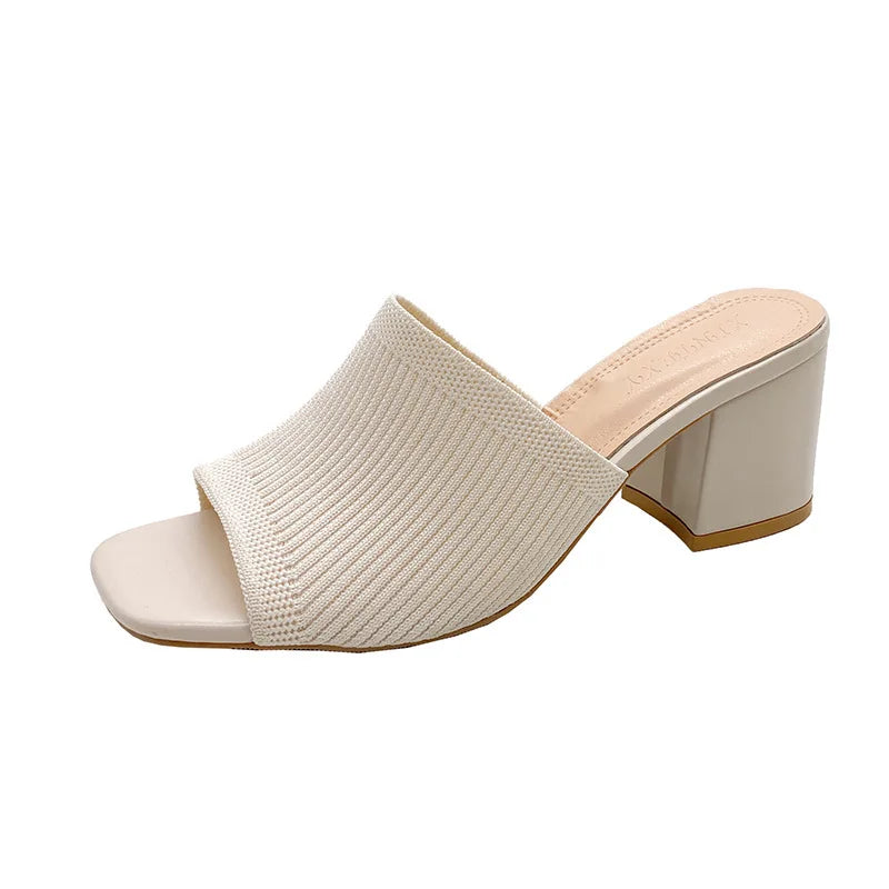 Women's Luxury Casual Soft High Heel Sandals Black Mules Summer Slippers Outdoor Shoes Open Toe