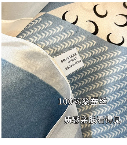 100% Natural Mulberry Silk Square Scarf 53x53cm Blue White Moon Print Women Neck Scarf Headband Bag Scarf Elegant Gift