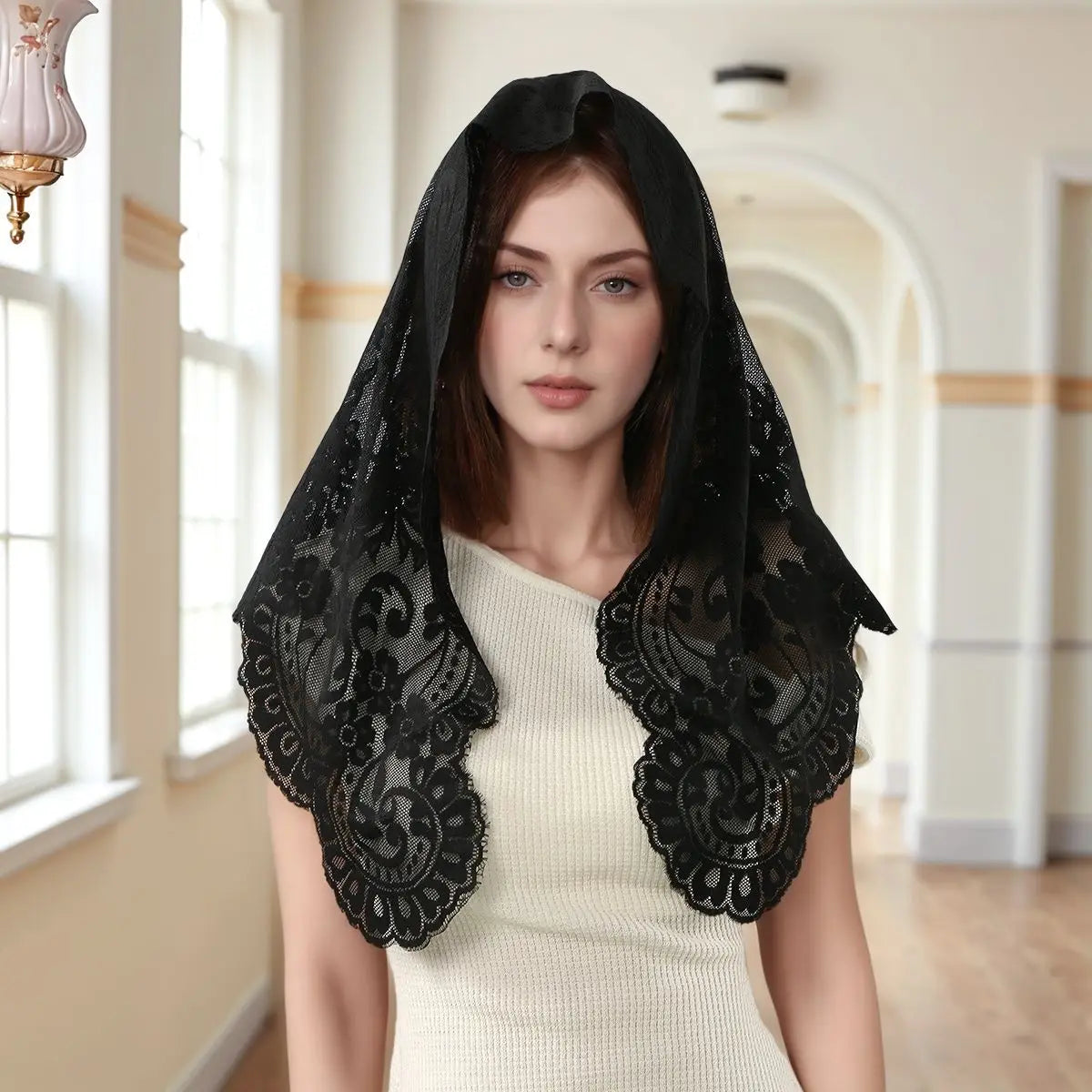 Women'S Lace Triangular Shawl, Breathable Floral Hollow Out Outerwear, French Retro Scarf, Commute Wedding All-Match
