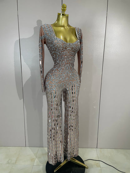 Sparkly Black Rhinestones Sequined Fringe Jumpsuit Women Sexy Nightclub Party Birthday Outfit Show Singer Stage Perform Costume