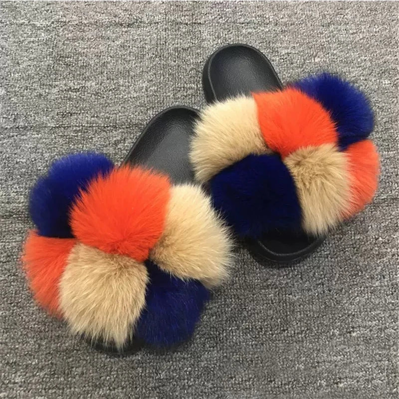 Natural Fox Fur Slippers, Fashionable Outdoor Multi-Color Animal Hair Slippers, Women's Gifts, Soft EVA Sole Slippers, On Trend