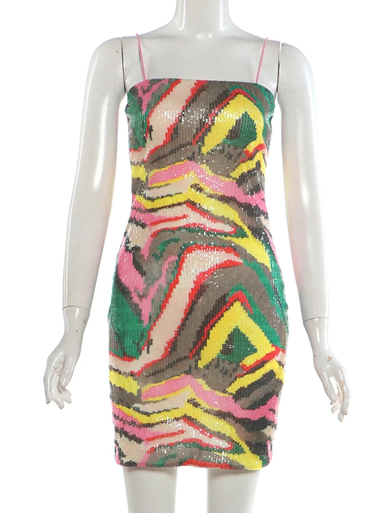 Sistrelinda Chic Summer Sling Dress Woman Colorful Print Trend Sequin Patchwork Low-Neck Backless Peach Hip Sexy Fashion Bodycon