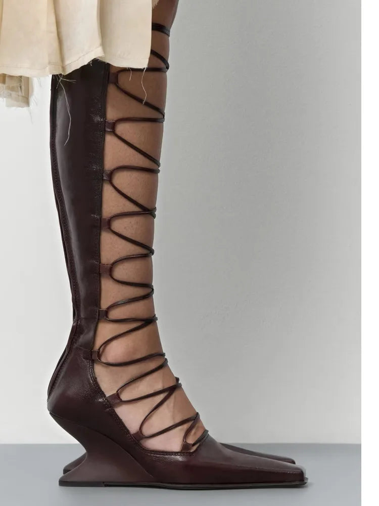 2026 Summer Hollow Out Strap Square Shaped Thick High Heels Summer Cool Boots Fashionable and Sexy Women's Sandals
