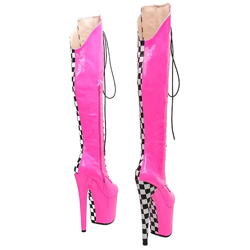 Leecabe 20CM/8inches  New  Fashion Style Patent with Grid Pattern PU Mix Color High Heel Platform Boots  Pole Dance Boots