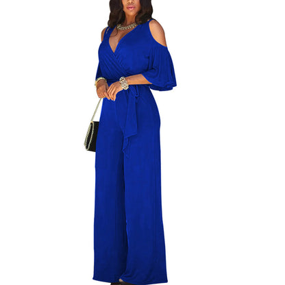Jumpsuit Summer Pure Color Women Sexy Deep V Neck Short Sleeve Rompers Fashion Slim Fit Lace Up Elegant Female Wide Leg Jumpsuit