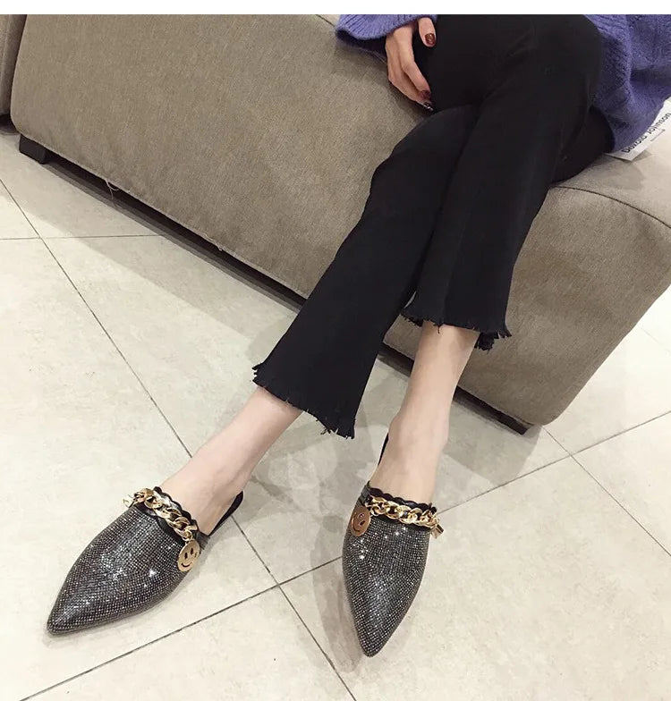 2025 New Summer Shoes for Women Luxury Slipper Girl Bling Crystal Chain Casual Flat Sandals Girl Pointed Toe Slides
