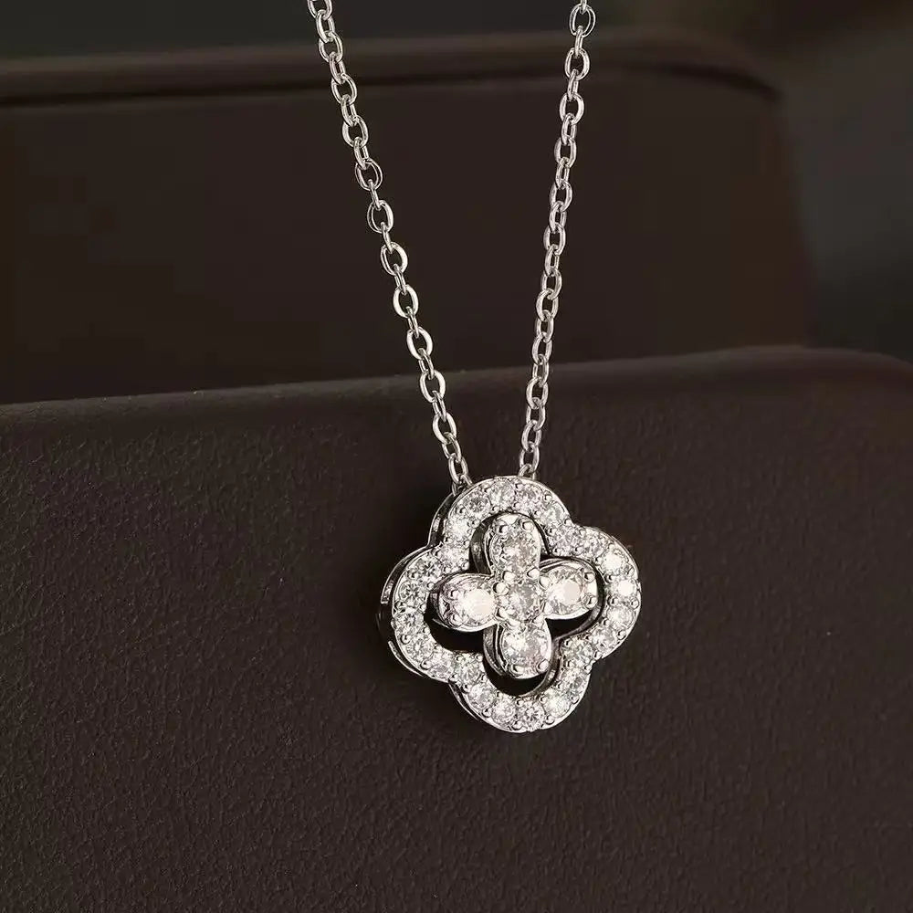 1pcs fashionable classic full diamond four petal flower women's dynamic necklace, fashionable birthday gift collarbone chain mul