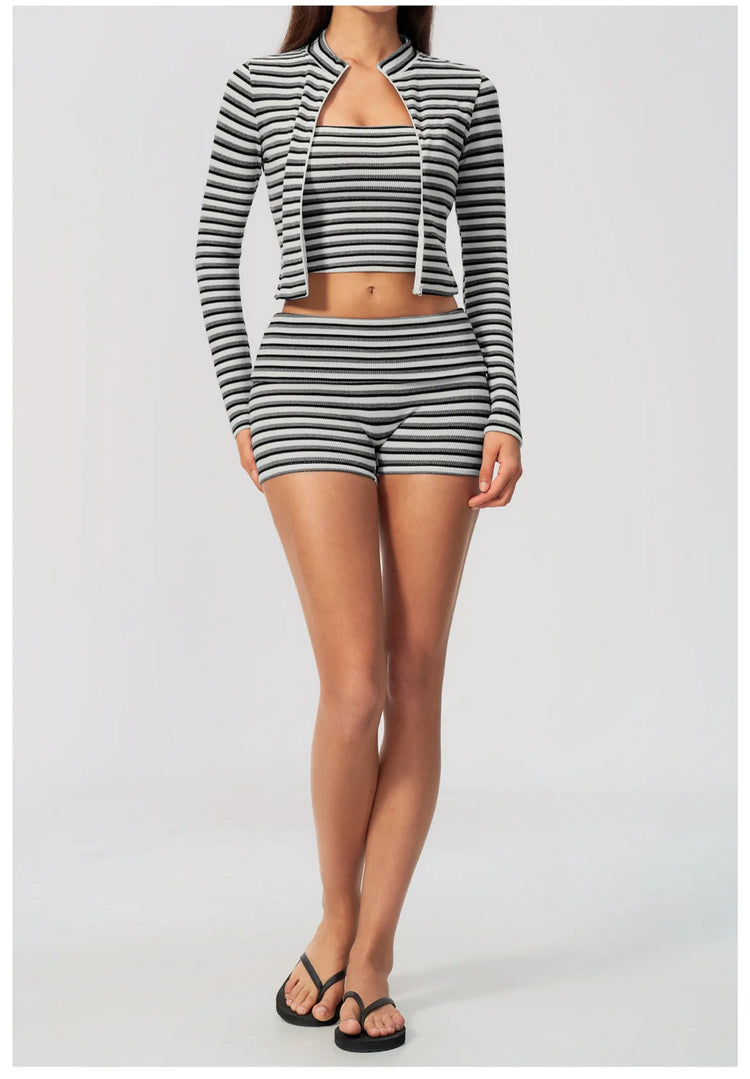 Women 2/3pcs Yoga Set Gym Clothing Fitness Suit Workout Tracksuit Outfits Ribbed Striped Strapless Tube Top Zipper Long Sleeve