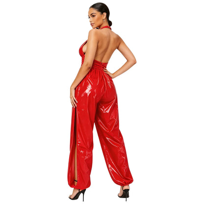 Womens Glossy Water Resistant Rompers Jumpsuit Halter Backless Ruched Waist Back Invisible Zipper Side Split Bodysuit Clubwear