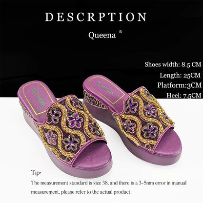 Queena Yan Popularity Open Toe Luxury Fashion Women High Heels Shoes and Bags Set With Rhinestone for Wedding Party Elegant
