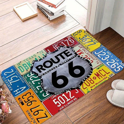 Route 66 License Plate Design Area Rug Durable Polyester Home Decor Living Room Floor Mat Unique Gift Idea