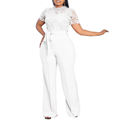Solid Women Jumpsuits For Summer Autumn Short Sleeve Bandage Loose Fashion Streetwear Overalls Wide Leg Pants Trousers 2024