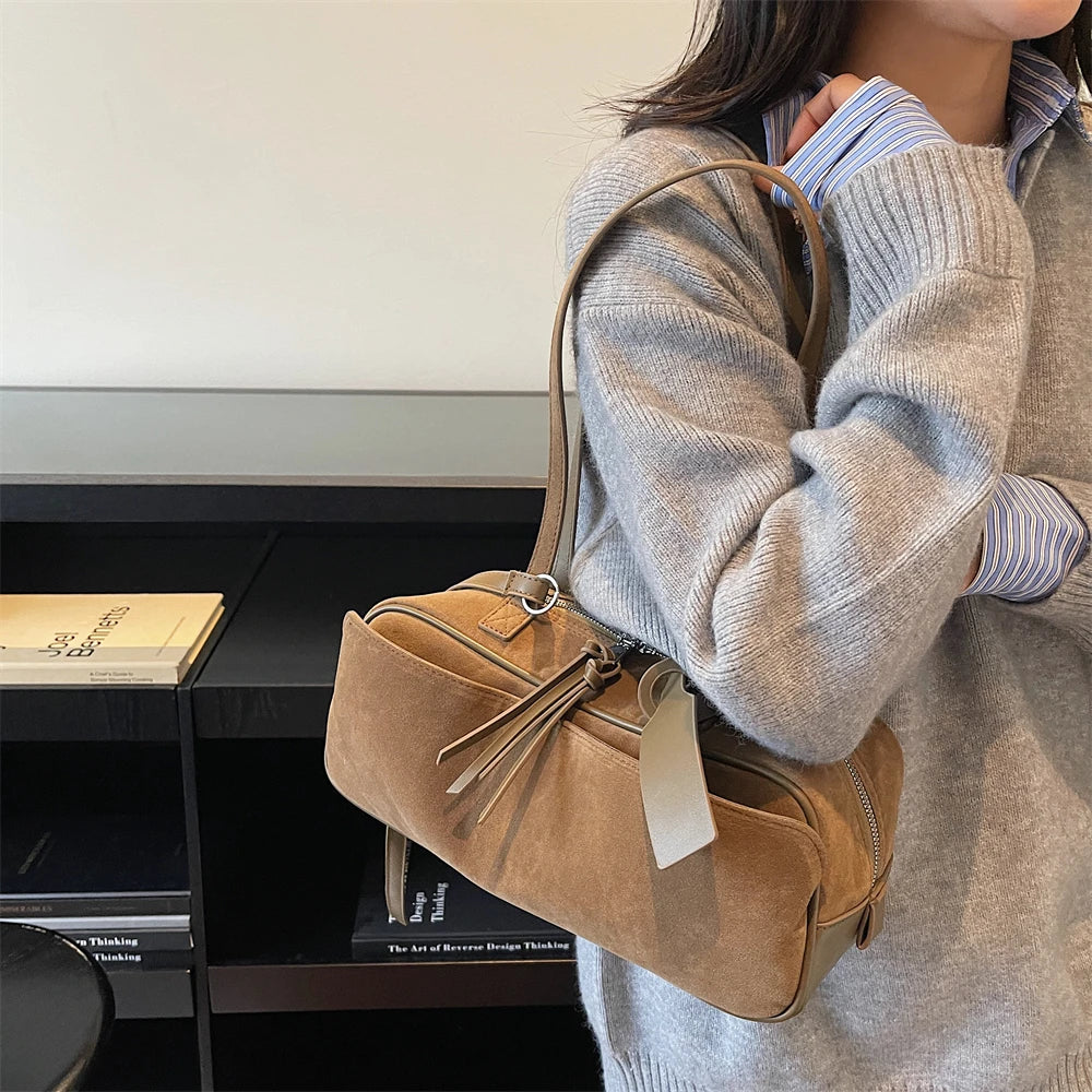2026 Autumn Winter Latest Commute Shoulder Bags For Women PU Suede Pure Color Large Capacity Boston Bag Luxury Designer Handbags