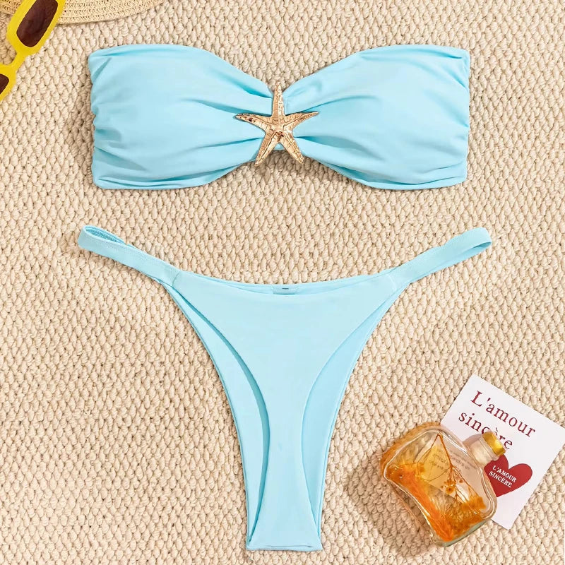 Sexy Bandeau Bikini Set 2026 Women Sky Blue Starfish Ornament Push Up Thong Swimsuit Brazilian Beach Bathing Suit Micro Swimwear