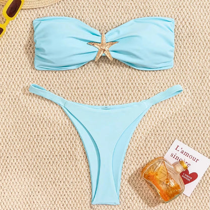 Sexy Bandeau Bikini Set 2026 Women Sky Blue Starfish Ornament Push Up Thong Swimsuit Brazilian Beach Bathing Suit Micro Swimwear