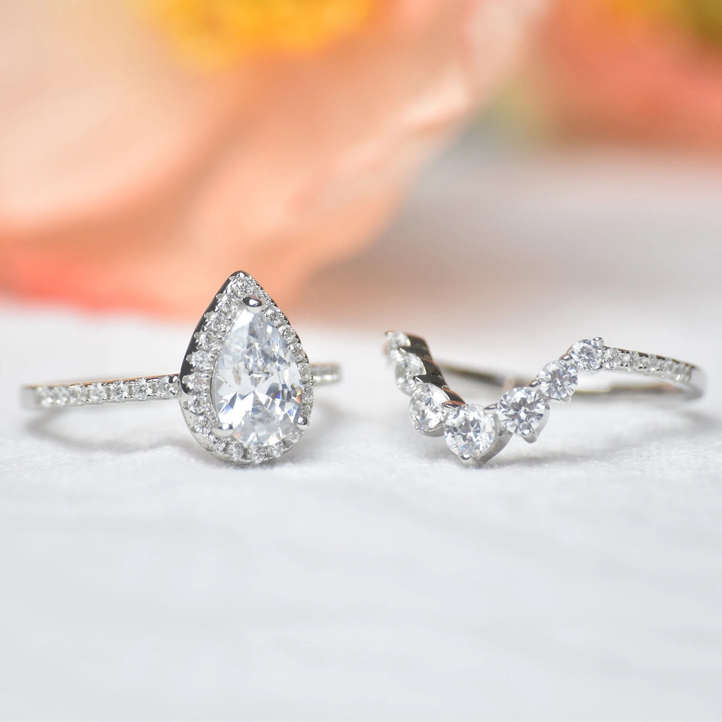 Newshe 1.5 Ct Halo Pear Cut 925 Silver Engagement Ring Set for Women Cambered Wedding Band High Grade Cz Luxury Bridal Jewelry