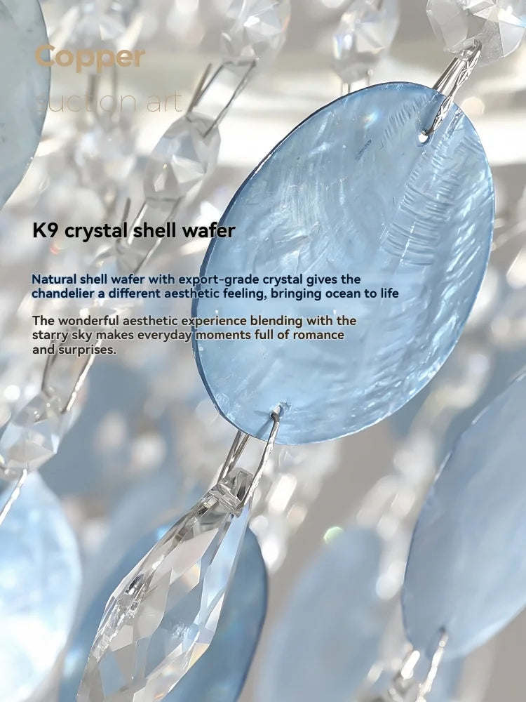 French Luxury LED Pendant Lights Blue White Natural Shell Crystal Chandelier Lamps for Romantic Living Dining Bedroom Home Decor